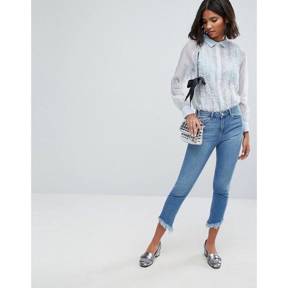 ASOS Lost Ink Blue Chiffon Shirt With Frills - Picture 2 of 15